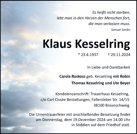 Traueranzeige von Klaus Kesselring 