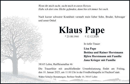 Traueranzeige von Klaus Pape von Helmstedter Nachrichten