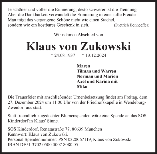 Traueranzeige von Klaus von Zukowski von Peiner Nachrichten