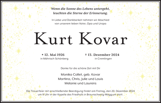 Traueranzeige von Kurt Kovar 