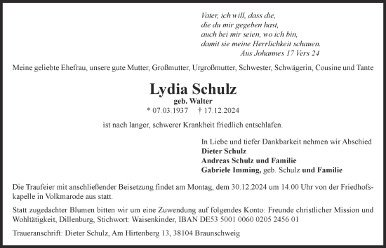 Traueranzeige von Lydia Schulz 