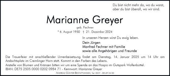 Traueranzeige von Marianne Greyer 