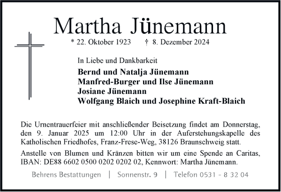 Traueranzeige von Martha Jünemann 