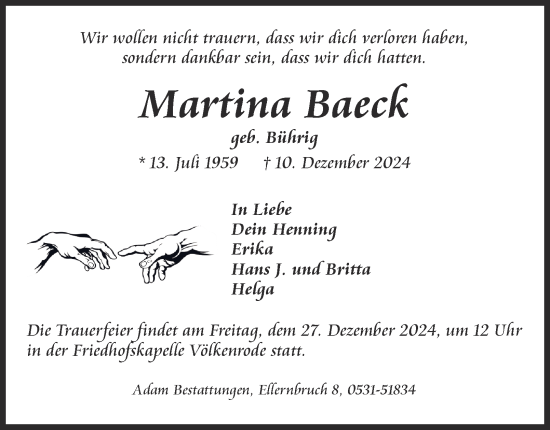 Traueranzeige von Martina Baeck 