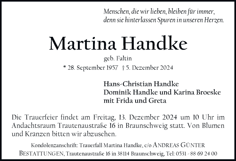  Traueranzeige für Martina Handke vom 07.12.2024 aus 