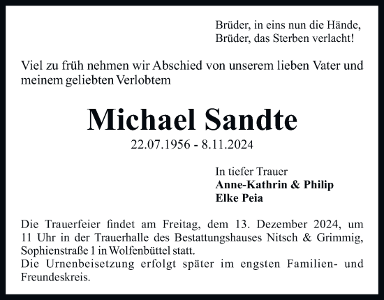 Traueranzeige von Michael Sandte von Wolfenbütteler Zeitung