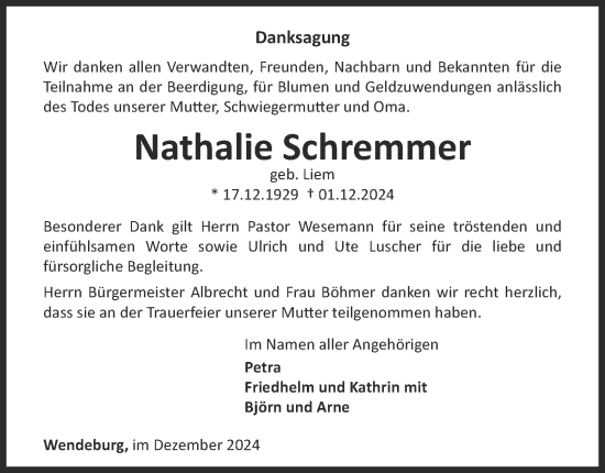 Traueranzeige von Nathalie Schremmer von Peiner Nachrichten