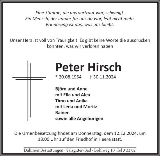 Traueranzeige von Peter Hirsch von Salzgitter-Zeitung