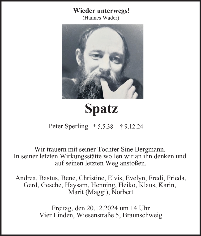  Traueranzeige für Peter Sperling vom 14.12.2024 aus 