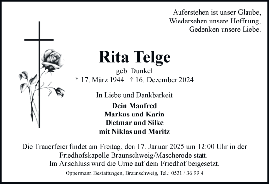 Traueranzeige von Rita Telge 