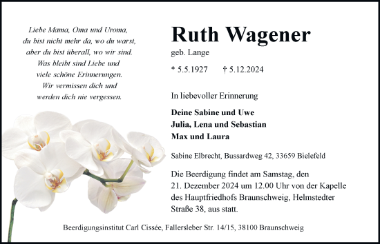 Traueranzeige von Ruth Wagener 