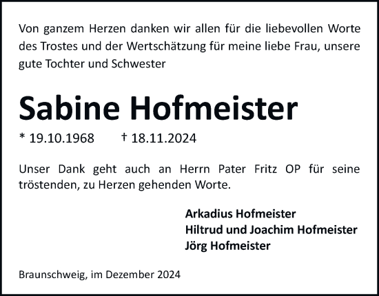 Traueranzeige von Sabine Hofmeister 