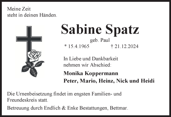 Traueranzeige von Sabine Spatz von Peiner Nachrichten