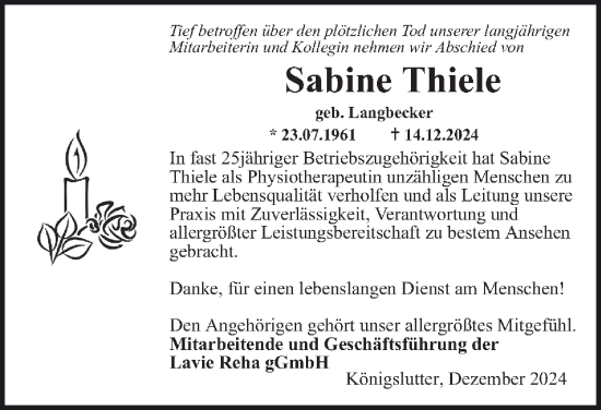 Traueranzeige von Sabine Thiele von Salzgitter-Zeitung, Helmstedter Nachrichten