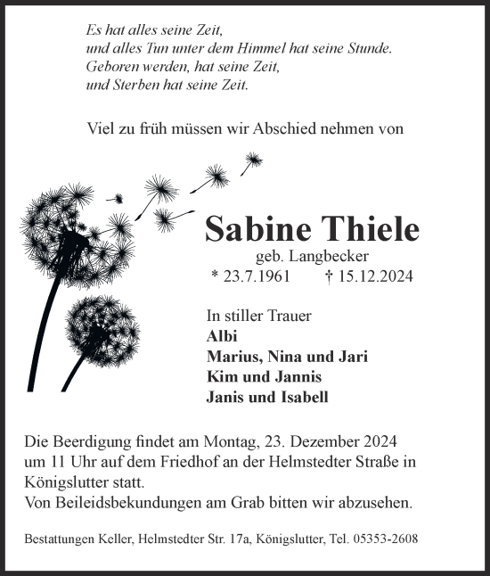 Traueranzeige von Sabine Thiele von Helmstedter Nachrichten