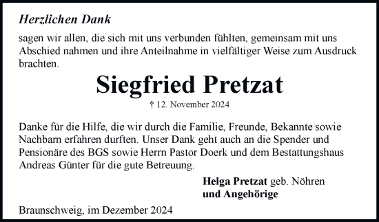 Traueranzeige von Siegfried Pretzat 