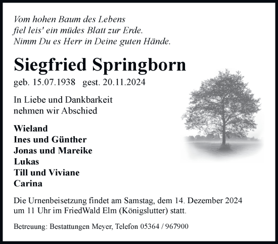 Traueranzeige von Siegfried Springborn 