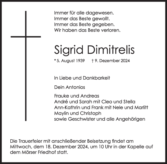 Traueranzeige von Sigrid Dimitrelis 