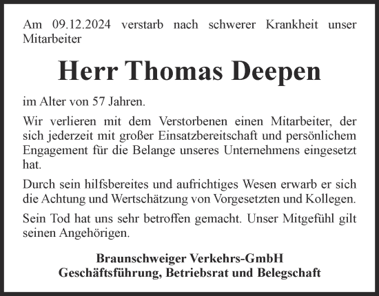 Traueranzeige von Thomas Deepen 