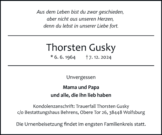 Traueranzeige von Thorsten Gusky 