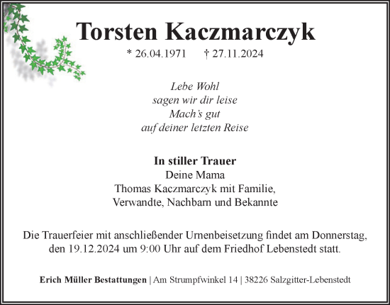 Traueranzeige von Torsten Kaczmarczyk 