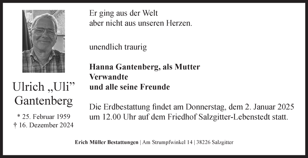  Traueranzeige für Ulrich Gantenberg vom 28.12.2024 aus Salzgitter-Zeitung