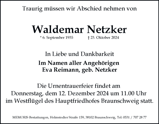 Traueranzeige von Waldemar Netzker 