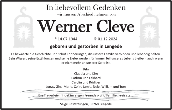 Traueranzeige von Werner Cleve von Peiner Nachrichten