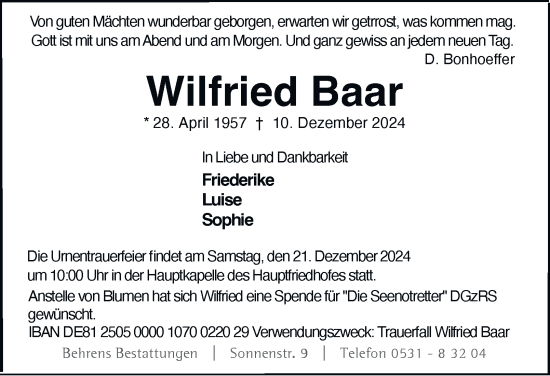 Traueranzeige von Wilfried Baar 