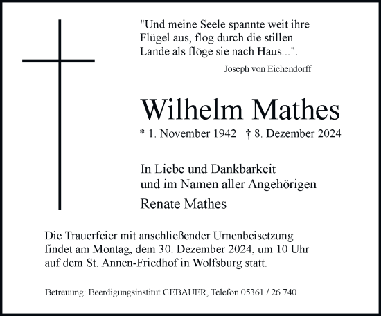 Traueranzeige von Wilhelm Mathes 