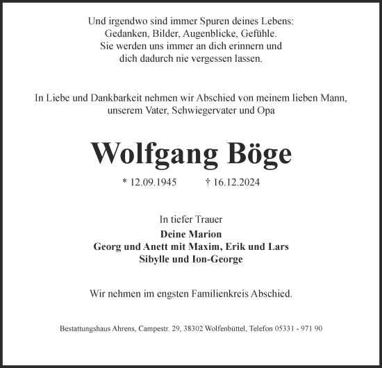 Traueranzeige von Wolfgang Böge 