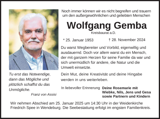 Traueranzeige von Wolfgang Gemba von Peiner Nachrichten