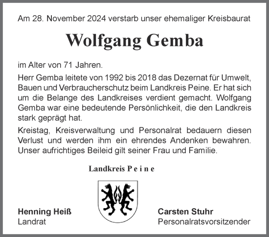 Traueranzeige von Wolfgang Gemba von Peiner Nachrichten