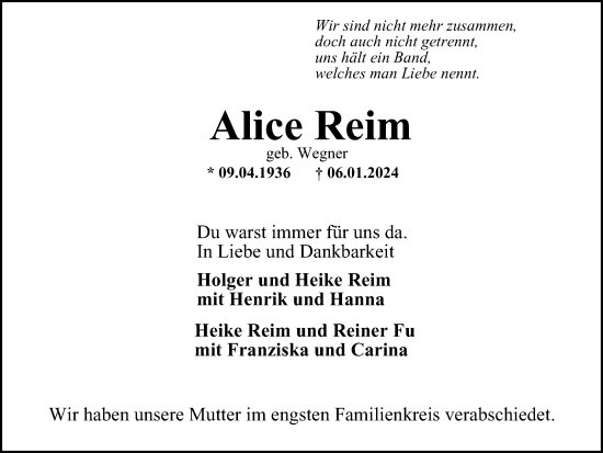 Traueranzeige von Alice Reim von Peiner Nachrichten