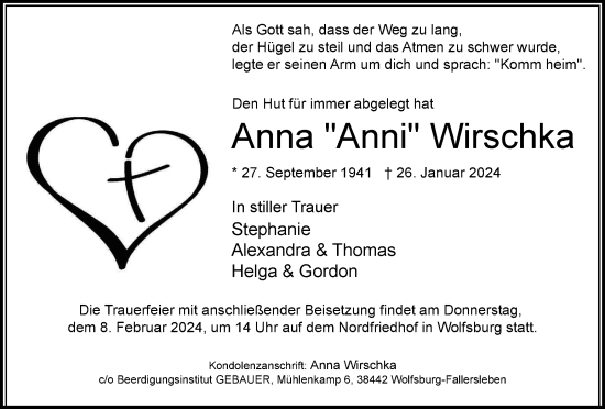 Traueranzeige von Anna  Wirschka von Wolfsburger Nachrichten