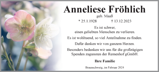 Traueranzeige von Anneliese Fröhlich von Braunschweiger Zeitung