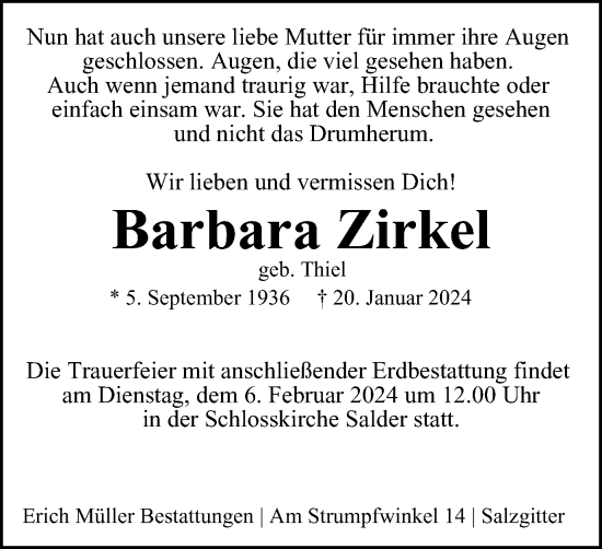 Traueranzeige von Barbara Zirkel von Salzgitter-Zeitung