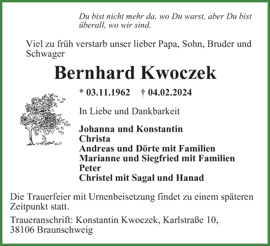 Traueranzeige von Bernhard Kwoczek von Braunschweiger Zeitung