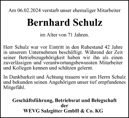 Traueranzeige von Bernhard Schulz von Salzgitter-Zeitung