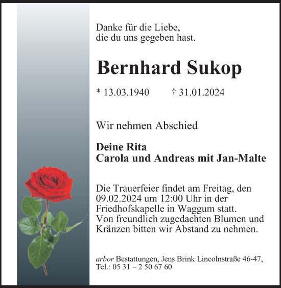 Traueranzeige von Bernhard Sukop von Braunschweiger Zeitung