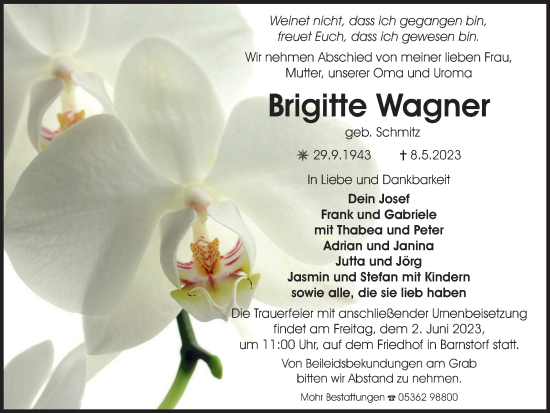 Traueranzeige von Brigitte Wagner von Wolfsburger Nachrichten