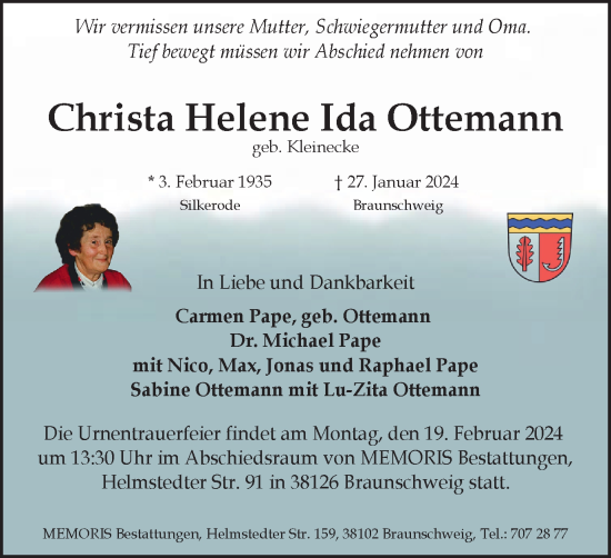 Traueranzeige von Christa Helene Ida Ottemann von Braunschweiger Zeitung