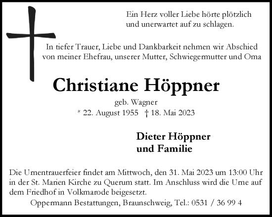 Traueranzeige von Christiane Höppner von Braunschweiger Zeitung