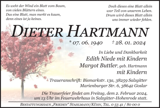 Traueranzeige von Dieter Hartmann von Salzgitter-Zeitung