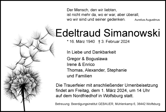 Traueranzeige von Edeltraud Simanowski von Wolfsburger Nachrichten