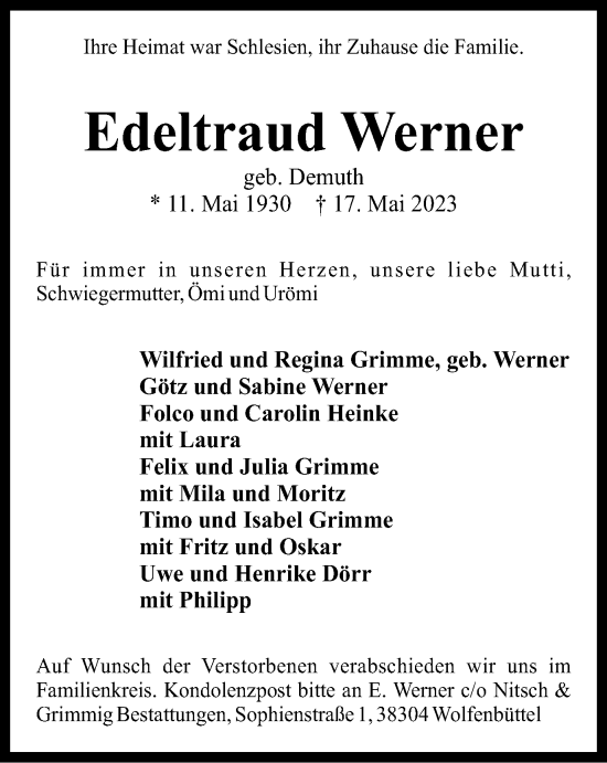 Traueranzeige von Edeltraud Werner von Wolfenbütteler Zeitung