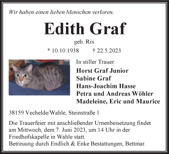 Traueranzeige von Edith Graf von Peiner Nachrichten