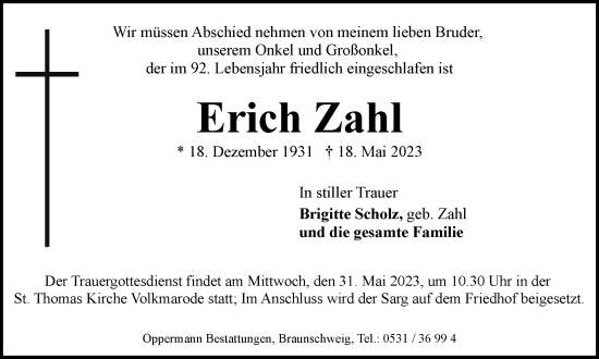 Traueranzeige von Erich Zahl von Braunschweiger Zeitung