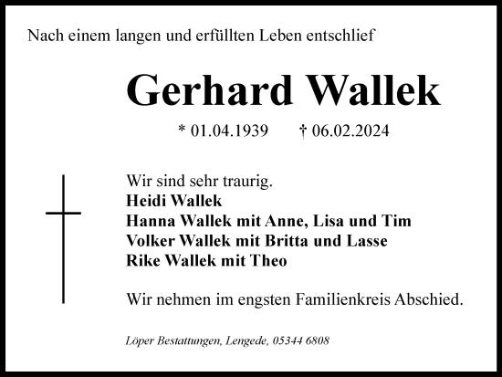 Traueranzeige von Gerhard Wallek von Salzgitter-Zeitung