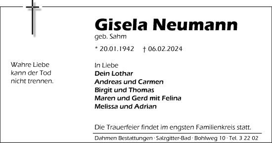 Traueranzeige von Gisela Neumann von Salzgitter-Zeitung